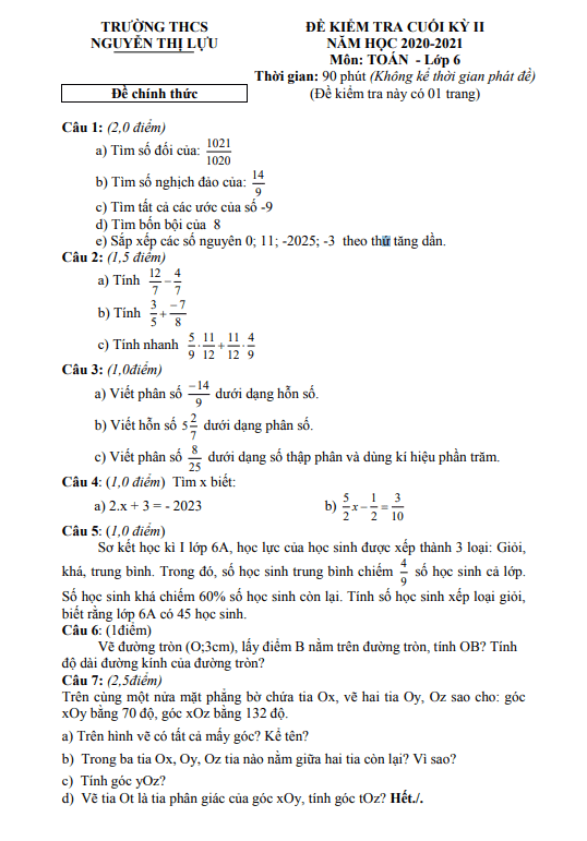 Đề kiểm tra cuối kỳ 2 Toán 6 năm 2020 – 2021 trường THCS Nguyễn Thị Lựu – Đồng Tháp