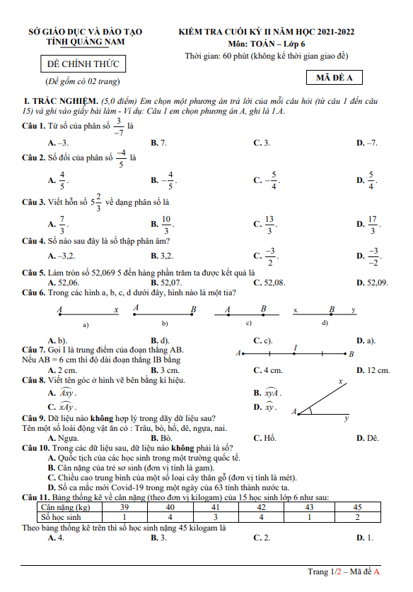 Đề kiểm tra cuối kỳ 2 Toán 6 năm 2021 – 2022 sở GD&ĐT Quảng Nam