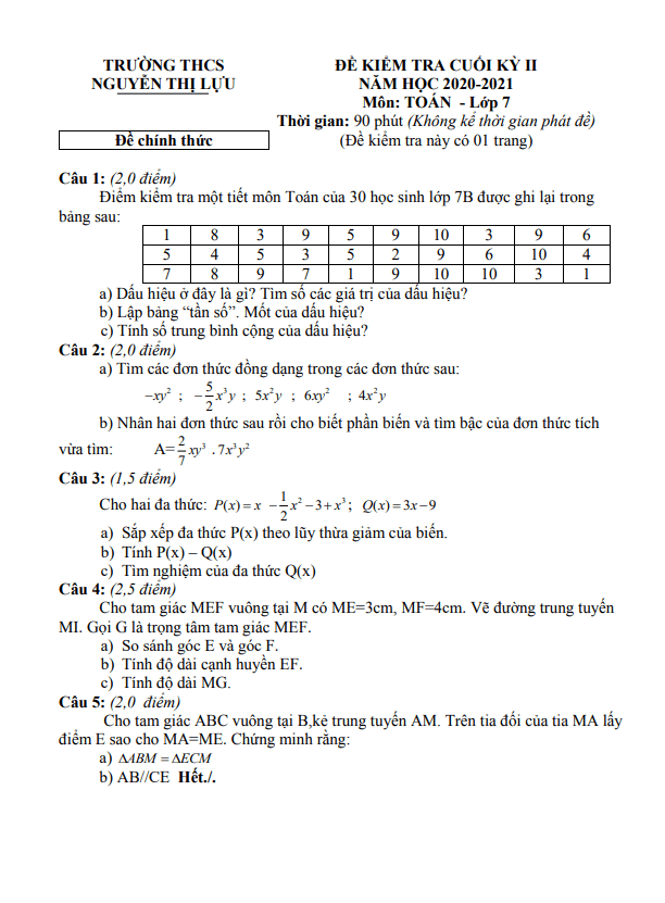 Đề kiểm tra cuối kỳ 2 Toán 7 năm 2020 – 2021 trường THCS Nguyễn Thị Lựu – Đồng Tháp