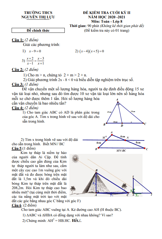 Đề kiểm tra cuối kỳ 2 Toán 8 năm 2020 – 2021 trường THCS Nguyễn Thị Lựu – Đồng Tháp
