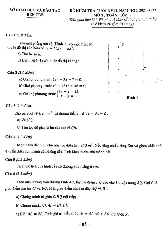 Đề kiểm tra cuối kỳ 2 Toán 9 năm 2021 – 2022 sở GD&ĐT Bến Tre