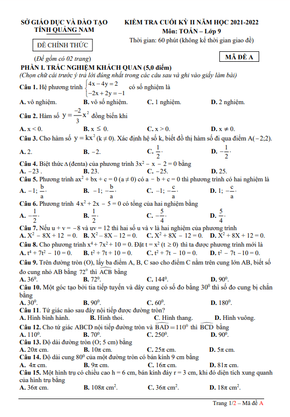 Đề kiểm tra cuối kỳ 2 Toán 9 năm 2021 – 2022 sở GD&ĐT Quảng Nam