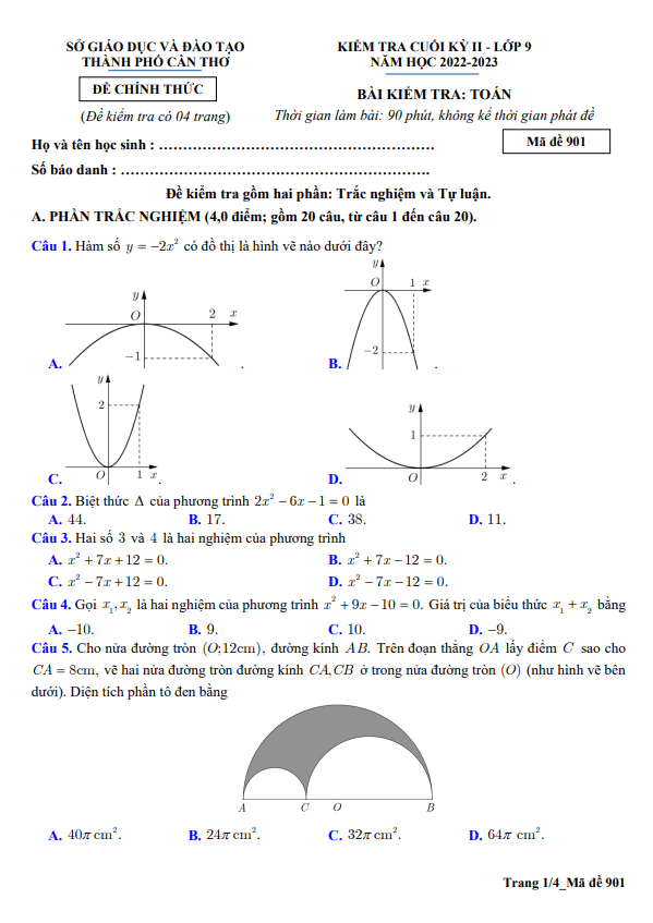 Đề kiểm tra cuối kỳ 2 Toán 9 năm 2022 – 2023 sở GD&ĐT Cần Thơ