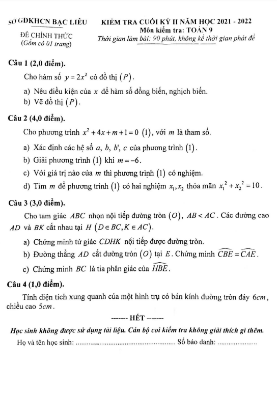 Đề kiểm tra cuối kỳ 2 Toán 9 năm học 2021 – 2022 sở GDKHCN Bạc Liêu