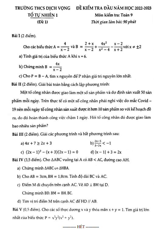 Đề kiểm tra đầu năm Toán 9 năm 2022 – 2023 trường THCS Dịch Vọng – Hà Nội