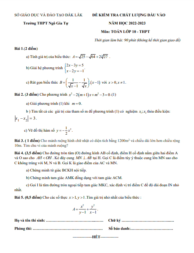 Đề kiểm tra đầu vào Toán 10 năm 2022 – 2023 trường THPT Ngô Gia Tự – Đắk Lắk