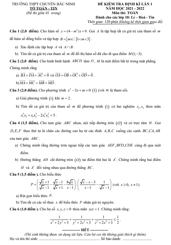 Đề kiểm tra định kì lần 1 Toán 10 năm 2021 – 2022 trường THPT chuyên Bắc Ninh
