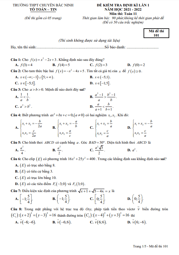 Đề kiểm tra định kì lần 1 Toán 11 năm 2021 – 2022 trường THPT chuyên Bắc Ninh