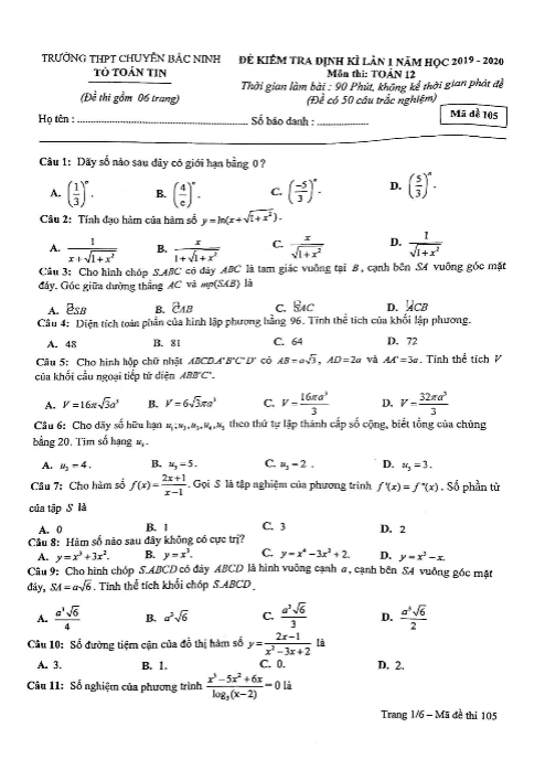 Đề kiểm tra định kì lần 1 Toán 12 năm 2019 – 2020 trường chuyên Bắc Ninh