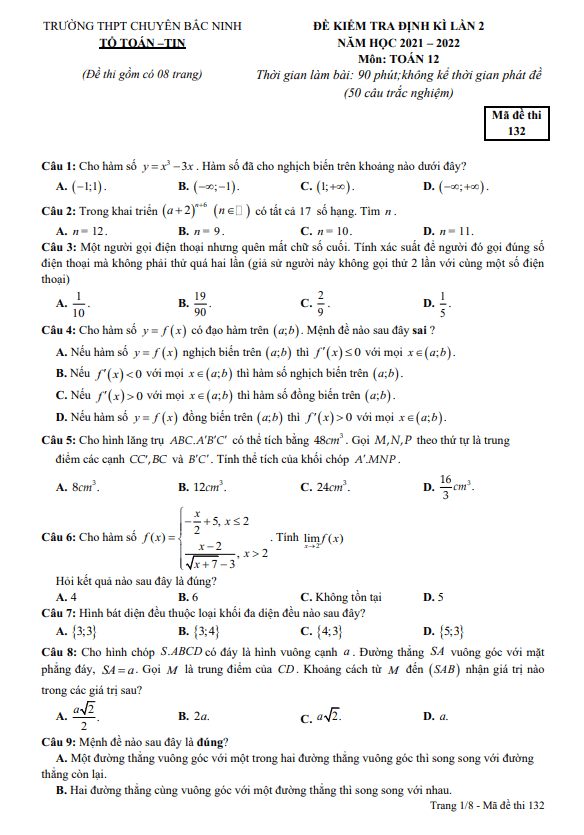Đề kiểm tra định kì lần 2 Toán 12 năm 2021 – 2022 trường THPT chuyên Bắc Ninh