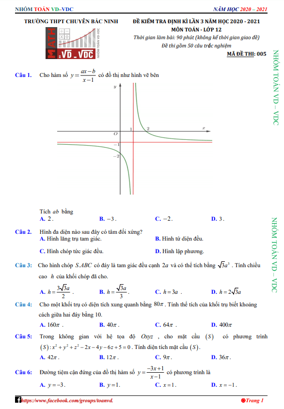 Đề kiểm tra định kì Toán 12 lần 3 năm 2020 – 2021 trường chuyên Bắc Ninh