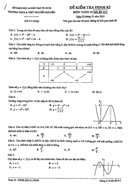 Đề kiểm tra định kì Toán 12 năm 2019 – 2020 trường Nguyễn Khuyến – TP HCM (03/11/2019)