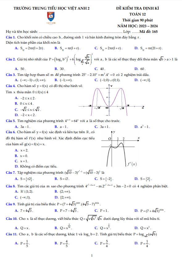 Đề kiểm tra định kì Toán 12 năm 2023 – 2024 trường Việt Anh 2 – Bình Dương