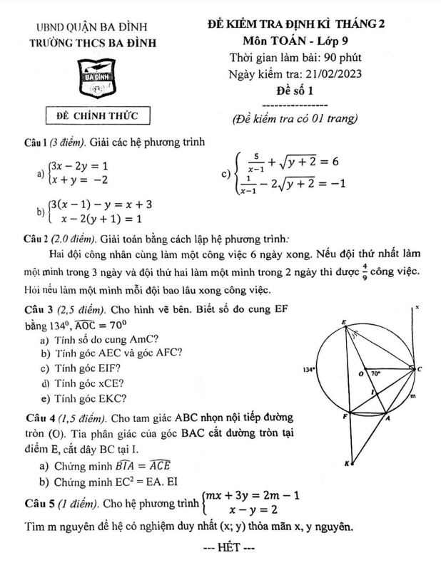 Đề kiểm tra định kì Toán 9 tháng 2 năm 2023 trường THCS Ba Đình – Hà Nội