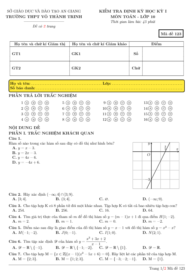 Đề kiểm tra định kỳ học kỳ 1 môn Toán 10 trường THPT Võ Thành Trinh – An Giang