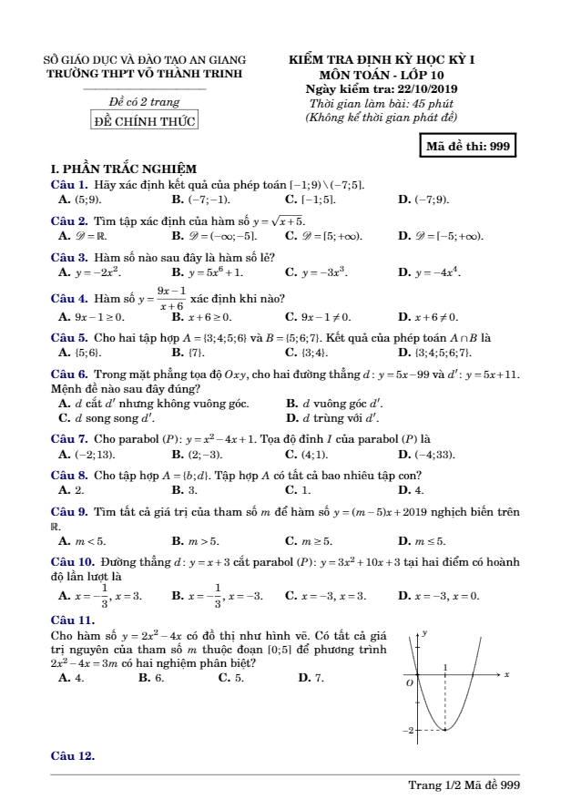 Đề kiểm tra định kỳ học kỳ 1 Toán 10 trường THPT Võ Thành Trinh – An Giang