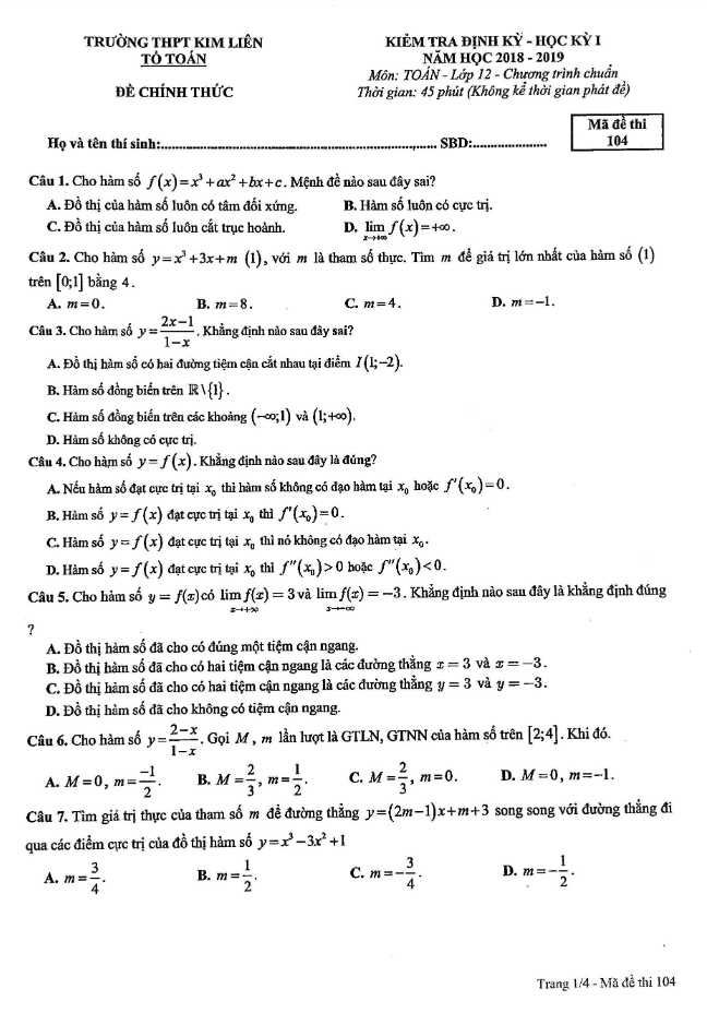 Đề kiểm tra định kỳ học kỳ 1 Toán 12 năm học 2018 – 2019 trường THPT Kim Liên – Hà Nội