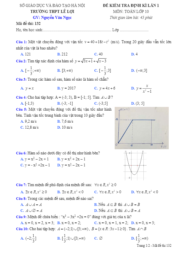Đề kiểm tra định kỳ lần 1 môn Toán lớp 10 trường THPT Lê Lợi – Hà Nội