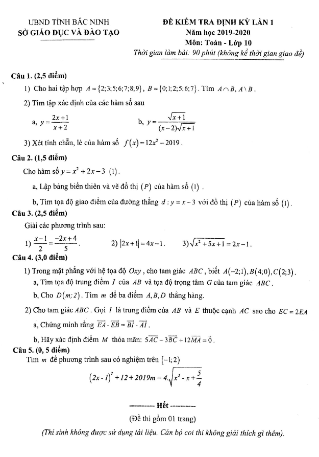 Đề kiểm tra định kỳ lần 1 Toán 10 năm 2019 – 2020 sở GD&ĐT Bắc Ninh