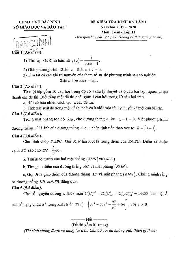 Đề kiểm tra định kỳ lần 1 Toán 11 năm 2019 – 2020 sở GD&ĐT Bắc Ninh
