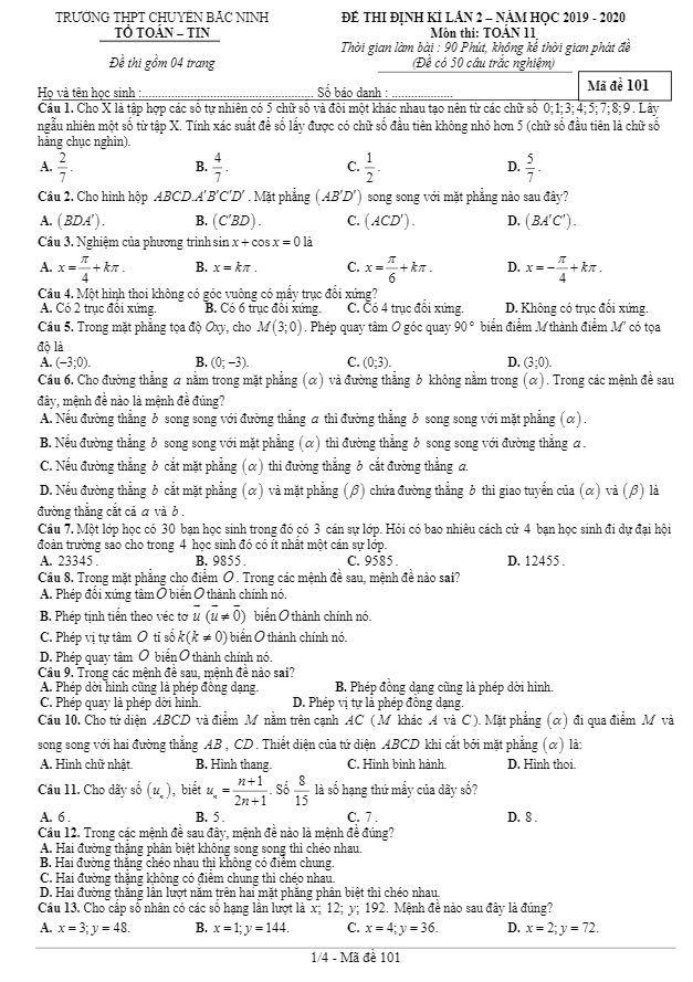 Đề kiểm tra định kỳ lần 2 Toán 11 năm 2019 – 2020 trường chuyên Bắc Ninh
