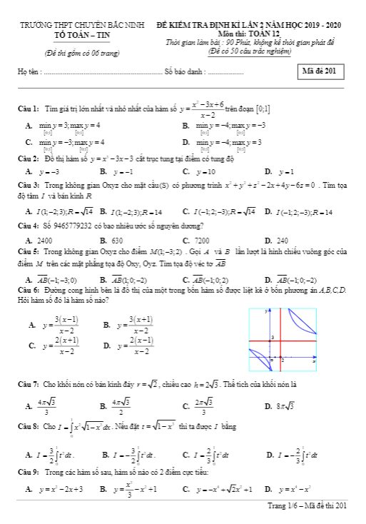 Đề kiểm tra định kỳ lần 2 Toán 12 năm 2019 – 2020 trường chuyên Bắc Ninh