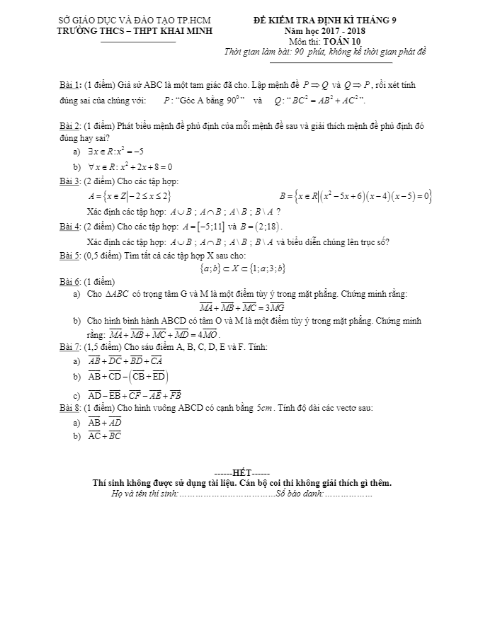 Đề kiểm tra định kỳ tháng 9 năm học 2017 – 2018 môn Toán 10 trường THCS – THPT Khai Minh – TP. HCM