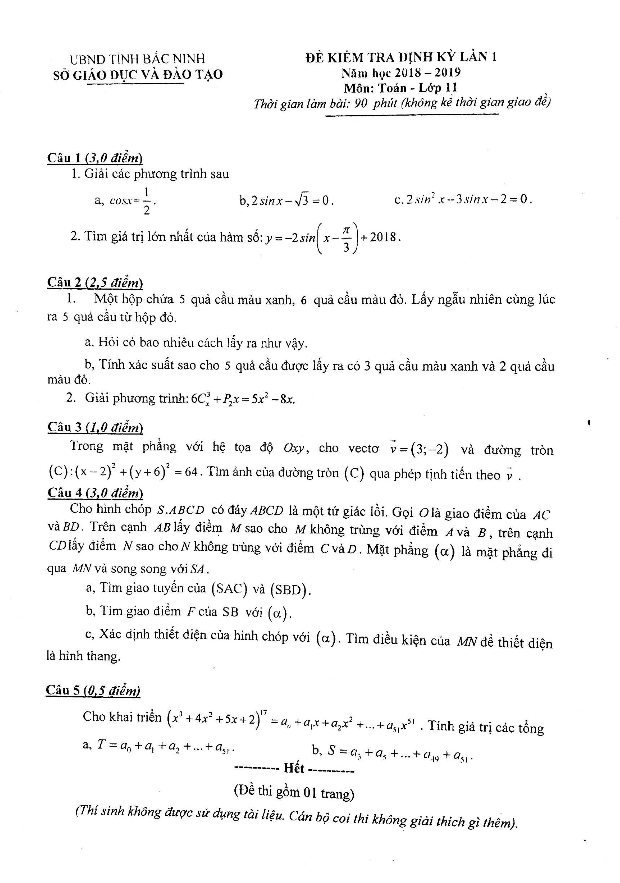 Đề kiểm tra định kỳ Toán 11 lần 1 năm 2018 – 2019 sở GD và ĐT Bắc Ninh