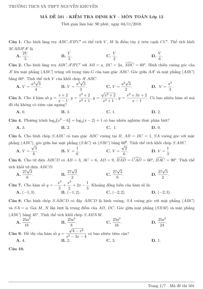 Đề kiểm tra định kỳ Toán 12 năm 2018 – 2019 trường Nguyễn Khuyến – TP. HCM lần 5