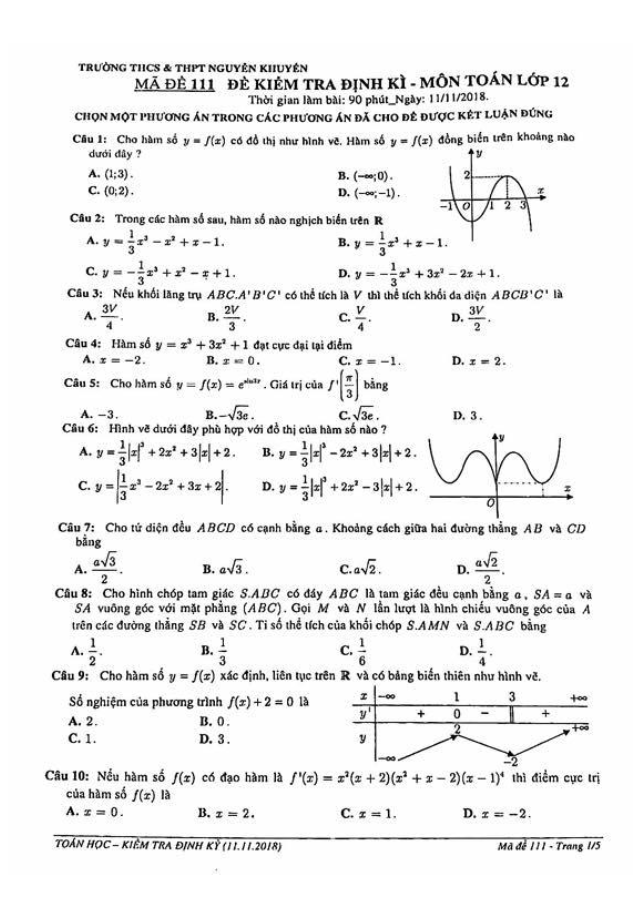 Đề kiểm tra định kỳ Toán 12 năm 2018 – 2019 trường THCS & THPT Nguyễn Khuyến – TP. HCM