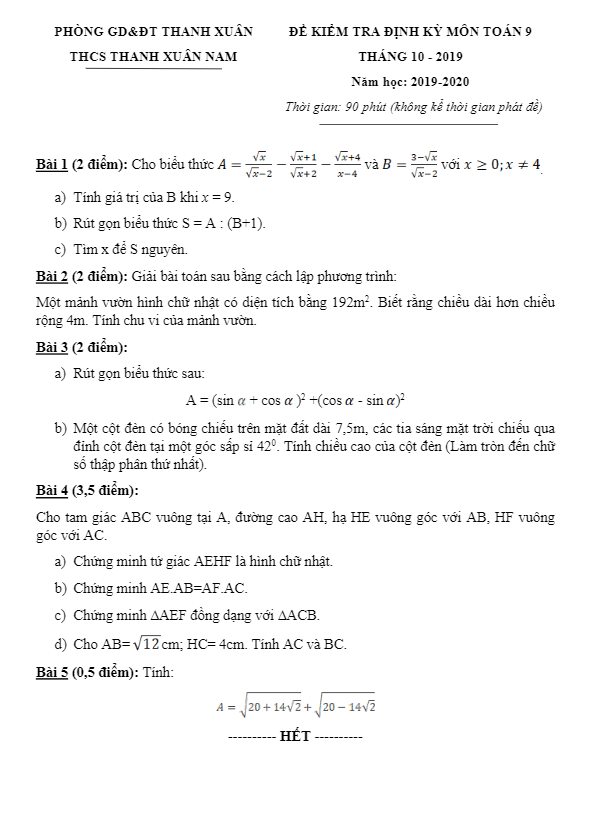 Đề kiểm tra định kỳ Toán 9 tháng 10/2019 trường Thanh Xuân Nam – Hà Nội