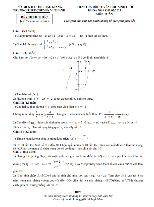 Đề kiểm tra đội tuyển HSG Toán năm 2021 – 2022 trường chuyên Vị Thanh – Hậu Giang