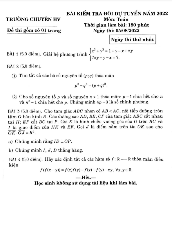 Đề kiểm tra đội tuyển Toán năm 2022 trường chuyên Hùng Vương – Bình Dương
