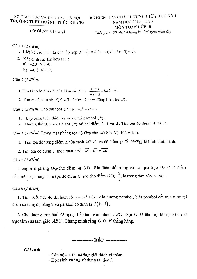 Đề kiểm tra giữa HK1 Toán 10 năm 2019 – 2020 trường Huỳnh Thúc Kháng – Hà Nội
