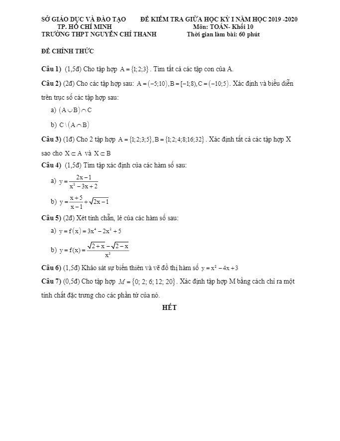 Đề kiểm tra giữa HK1 Toán 10 năm 2019 – 2020 trường Nguyễn Chí Thanh – TP HCM