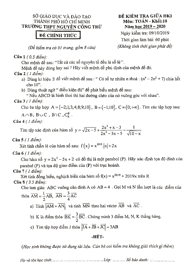 Đề kiểm tra giữa HK1 Toán 10 năm 2019 – 2020 trường Nguyễn Công Trứ – TP HCM