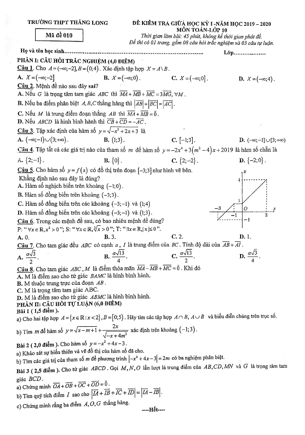 Đề kiểm tra giữa HK1 Toán 10 năm 2019 – 2020 trường Thăng Long – Hà Nội
