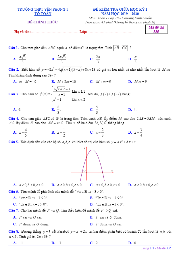 Đề kiểm tra giữa HK1 Toán 10 năm 2019 – 2020 trường Yên Phong 1 – Bắc Ninh