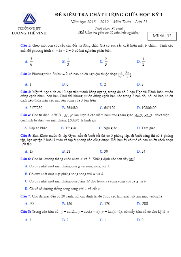 Đề kiểm tra giữa HK1 Toán 11 năm 2019 – 2020 trường Lương Thế Vinh – Hà Nội