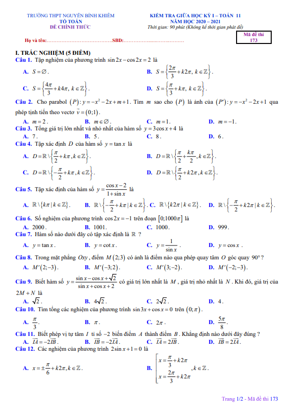 Đề kiểm tra giữa HK1 Toán 11 năm 2020 – 2021 trường Nguyễn Bỉnh Khiêm – Gia Lai