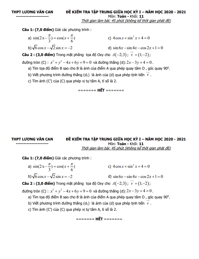 Đề kiểm tra giữa HK1 Toán 11 năm 2020 – 2021 trường THPT Lương Văn Can – TP HCM