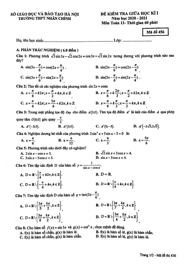 Đề kiểm tra giữa HK1 Toán 11 năm 2020 – 2021 trường THPT Nhân Chính – Hà Nội
