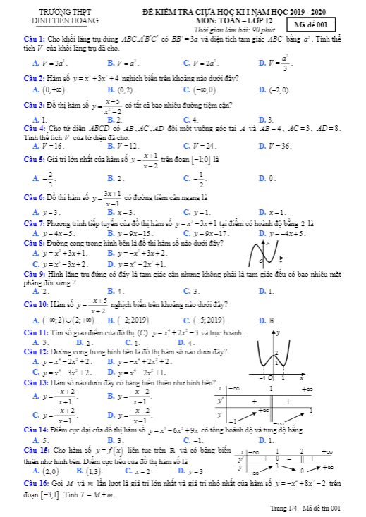 Đề kiểm tra giữa HK1 Toán 12 năm 2019 – 2020 trường Đinh Tiên Hoàng – BR VT