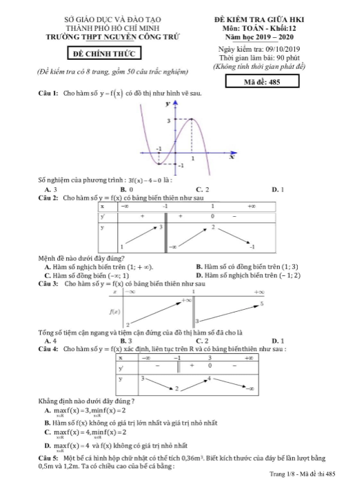 Đề kiểm tra giữa HK1 Toán 12 năm 2019 – 2020 trường Nguyễn Công Trứ – TP HCM