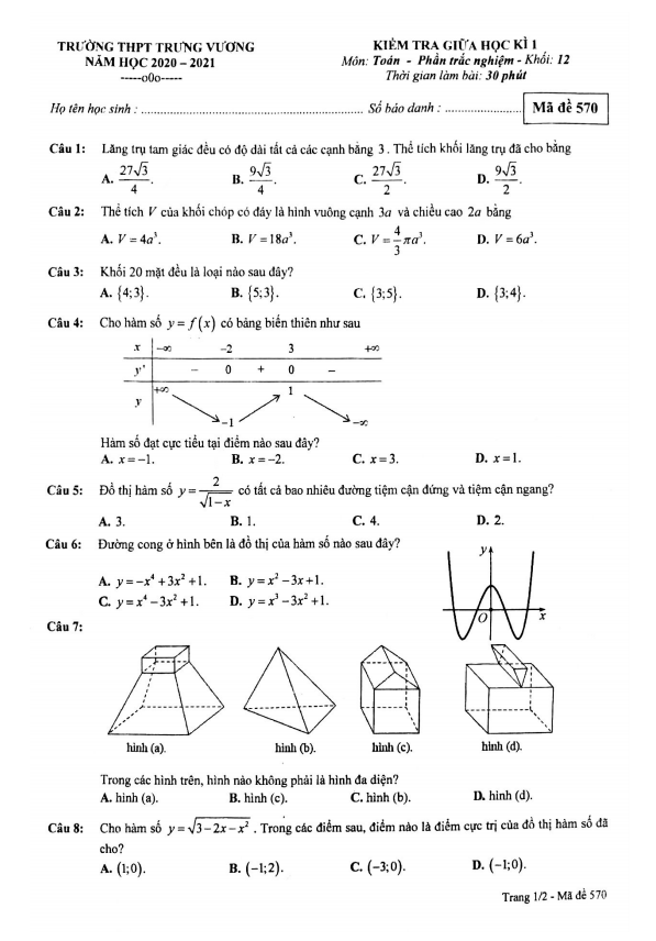 Đề kiểm tra giữa HK1 Toán 12 năm 2020 – 2021 trường THPT Trưng Vương – TP HCM