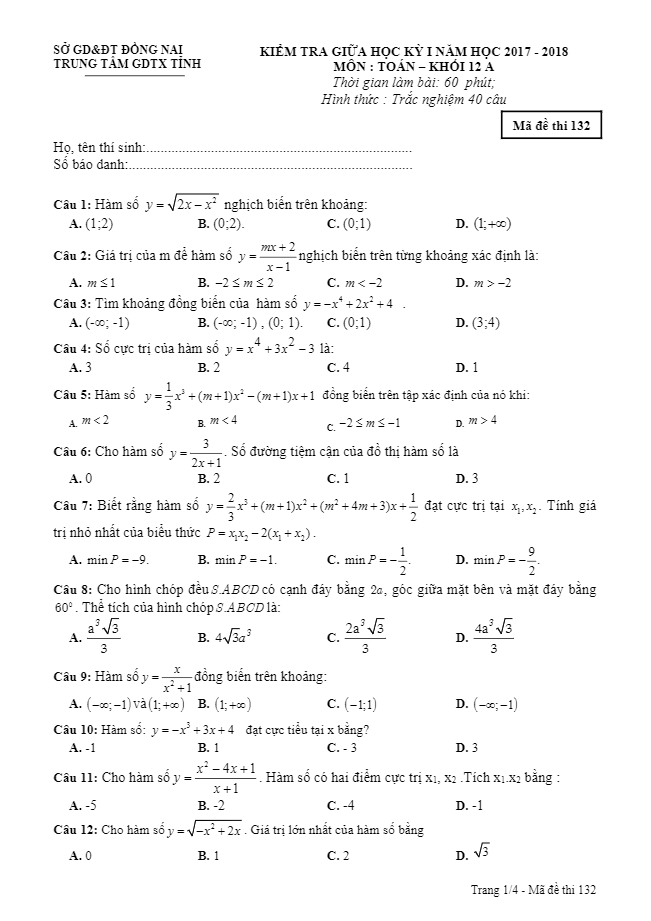 Đề kiểm tra giữa HK1 Toán 12 năm học 2017 – 2018 trung tâm GDTX tỉnh Đồng Nai