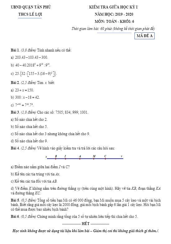 Đề kiểm tra giữa HK1 Toán 6 năm 2019 – 2020 trường THCS Lê Lợi – TP HCM