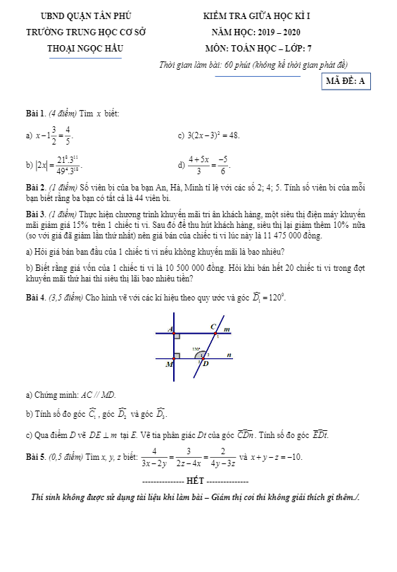 Đề kiểm tra giữa HK1 Toán 7 năm 2019 – 2020 trường Thoại Ngọc Hầu – TP HCM