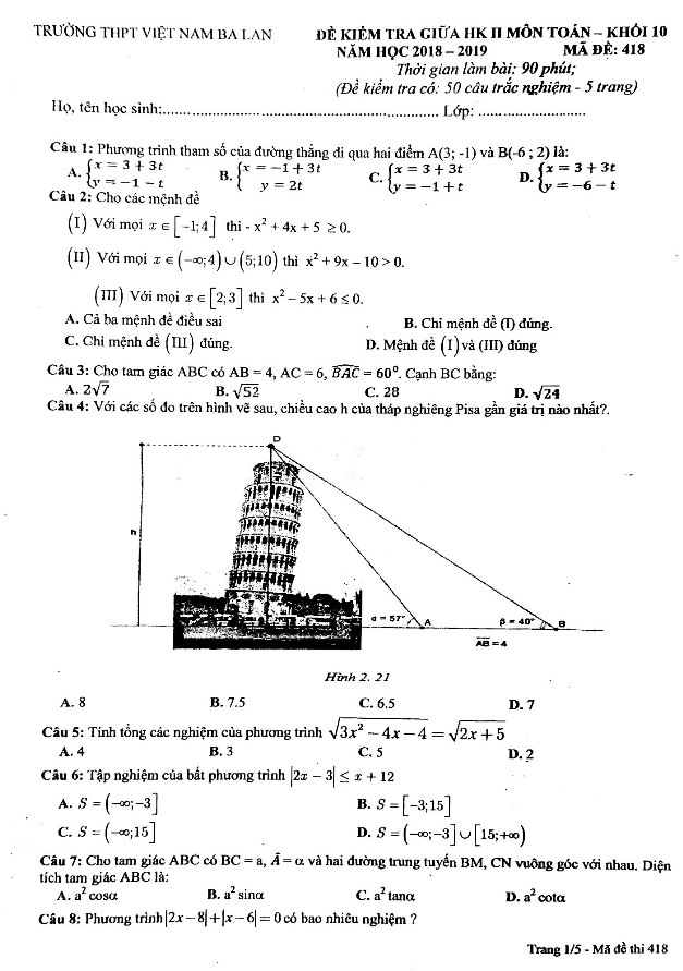 Đề kiểm tra giữa HK2 Toán 10 năm 2018 – 2019 trường Việt Nam – Ba Lan – Hà Nội
