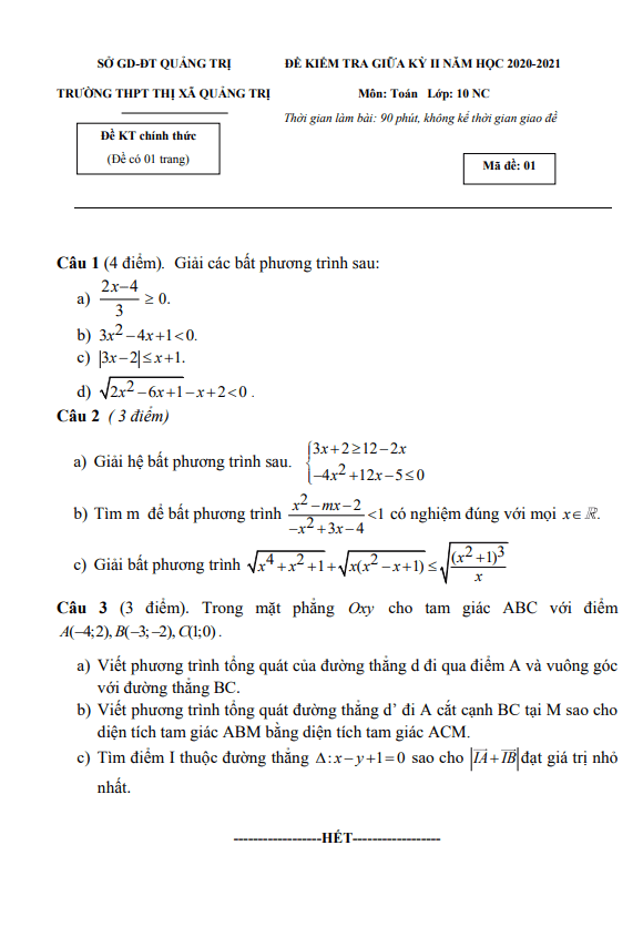 Đề kiểm tra giữa HK2 Toán 10 năm 2020 – 2021 trường THPT Thị xã Quảng Trị